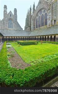 The Gothic gallery of St. Michael monastery. Monastery courtyard. Mont Saint-Michel, France.