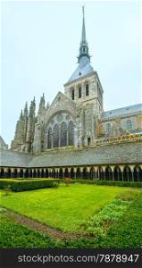 The Gothic gallery of St. Michael monastery. Monastery courtyard. Mont Saint-Michel, France. Built in the XI-XVI centuries. Architect William de Volpiano.
