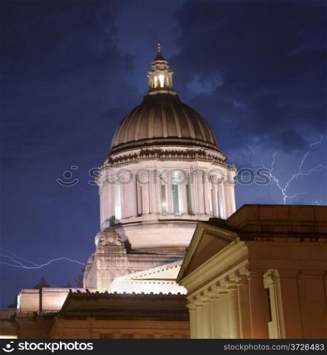 The Government Building in Olympia stands tall during a thunderstorm and inclement weather