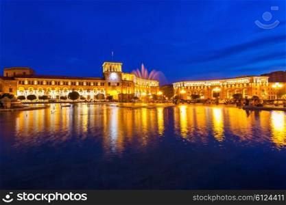 The Government of the Republic of Armenia at night, it is located on Republic Square in Yerevan, Armenia.