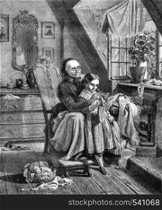 The Grand Mother, picture by Meyerheim, vintage engraved illustration. Magasin Pittoresque 1858.