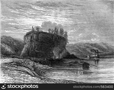 The Grand Tower or Tower Rock on the banks of the Mississippi, vintage engraved illustration. Magasin Pittoresque 1869.