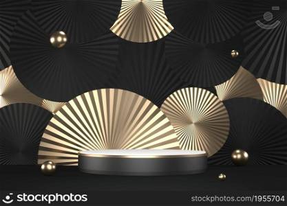 The granite hexagon gold design on black background minimal. 3D rendering
