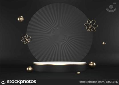 The granite hexagon gold design on black background minimal. 3D rendering