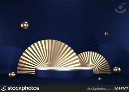 The granite hexagon gold design on dark blue background minimal. 3D rendering