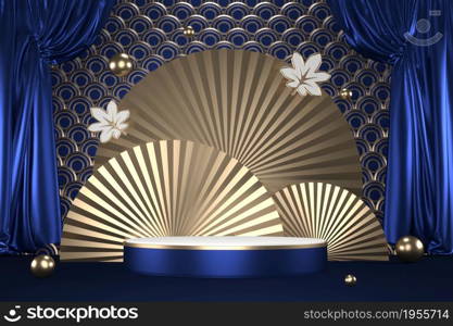 The granite hexagon gold design on dark blue background minimal. 3D rendering