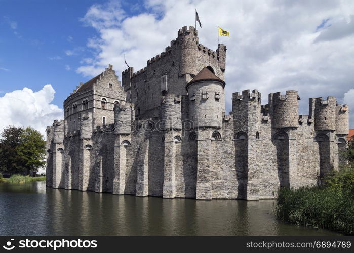 The Gravensteen - a medieval castle in the city of Ghent in Belgium. The present castle was built in 1180 by count Philip of Alsace to replace a 9th century wooden castle.