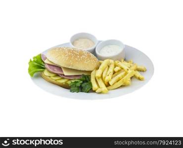 The great cheeseburger with potato and sauce on an isolated background. The great cheeseburger with potato and sauce