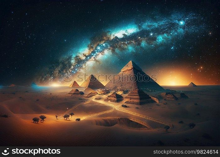 The Great Pyramids of Giza by night in Egypt with Milky Way Galaxy .AI generated Illustration.