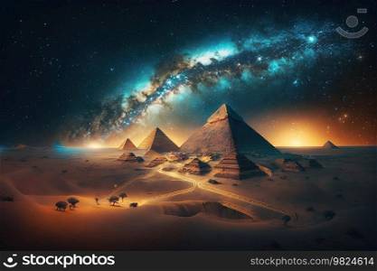 The Great Pyramids of Giza by night in Egypt with Milky Way Galaxy .AI generated Illustration.