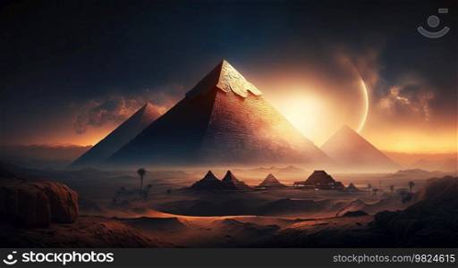 The Great Pyramids of Giza by night in Egypt with Sunset .AI generated Illustration.