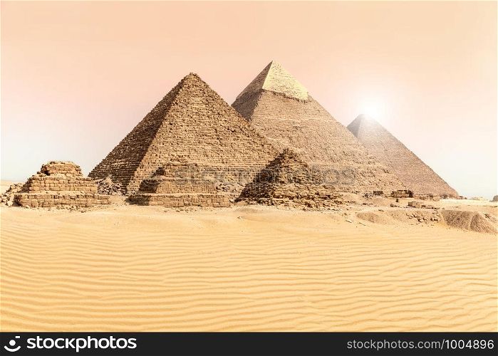 The Great Pyramids of Giza in the desert sands, Egypt.. The Great Pyramids of Giza in the desert sands, Egypt