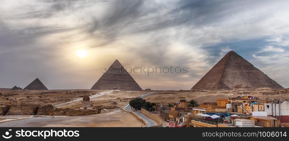 The Great Pyramids of Giza, panoramic view from the town.. The Great Pyramids of Giza, panoramic view from the town