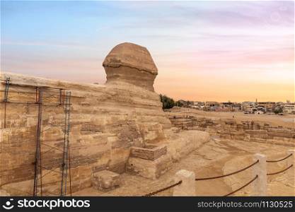 The Great Sphinx and the buildings of Giza, Cairo, Egypt.. The Great Sphinx and the buildings of Giza, Cairo, Egypt