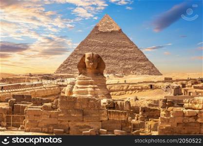 The Great Sphinx and the Khafre Pyramid, Egypt, Giza.