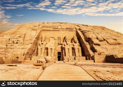 The Great Temple at Abu Simbel at sunset, Egypt.. The Great Temple at Abu Simbel at sunset, Egypt