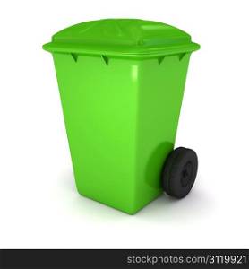The green garbage container over white background