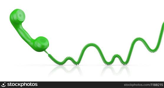 The Green handset with a wire on a white background. 3D rendering.