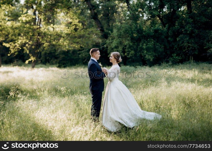 the groom and the bride are walking in the forest near a narrow river on a bright day