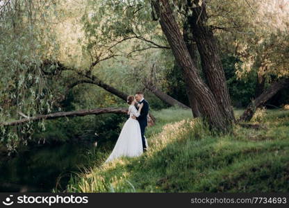 the groom and the bride are walking in the forest near a narrow river on a bright day