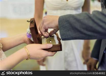 the groom gets out of the box and wears a wedding ring to the bride