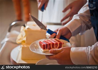 The groom is holding a piece of wedding cake with red filling on a plate.. A piece of wedding cake on a plate in the hands of the groom 2546.