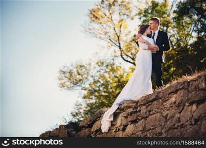 The groom kisses his bride. Happy newlyweds hugging. A man in a tuxedo and a woman in a beautiful long dress posing in nature.. The groom kisses his bride. Happy newlyweds hugging. A man in a tuxedo and a woman in a beautiful long dress posing in nature