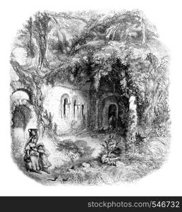 The Grotto of Egeria near Rome, vintage engraved illustration. Magasin Pittoresque 1861.