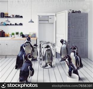 the group of the penguins find frosen one in the fridge. Photo and 3d mix creative concept
