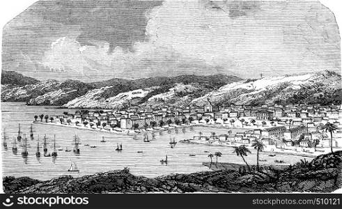 The Guadeloupe, Pointe a Pitre, capital of Grande-Terre, partially destroyed by the earthquake of February 8, 1843., vintage engraved illustration. Magasin Pittoresque 1843.