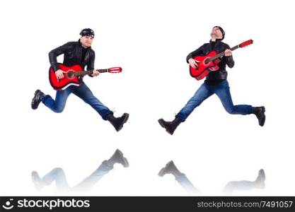 The guitar player isolated on white. Guitar player isolated on white