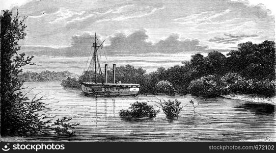 The gunboat Culverin, vintage engraved illustration. Le Tour du Monde, Travel Journal, (1872).