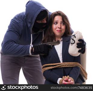 The gunman forcing a woman isolated on white. Gunman forcing a woman isolated on white