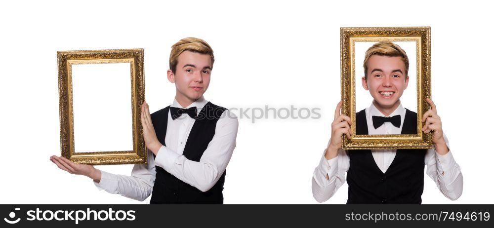 The guy with photo frame isolated on white. Guy with photo frame isolated on white