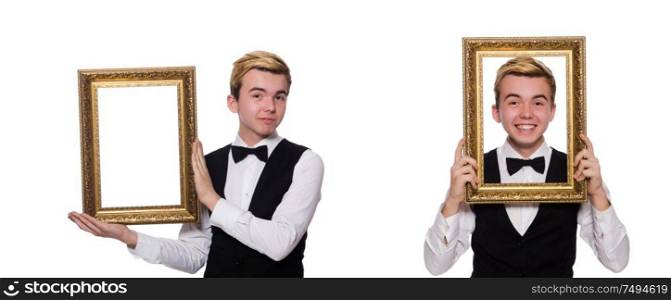 The guy with photo frame isolated on white. Guy with photo frame isolated on white