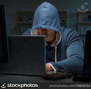 The hacker hacking computer at night. Hacker hacking computer at night