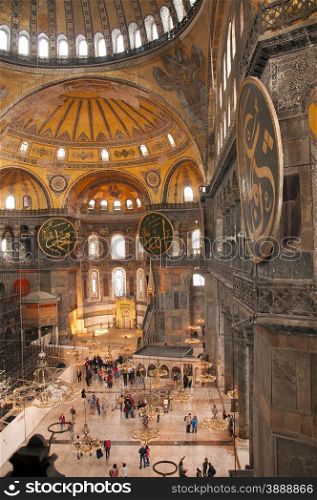 The Hagia Sophia (also called Hagia Sofia or Ayasofya) interior architecture, famous Byzantine landmark and world wonder in Istanbul, Turkey