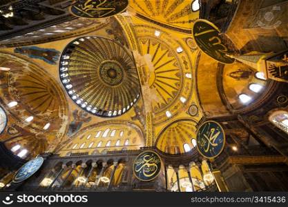 The Hagia Sophia (also called Hagia Sofia or Ayasofya) ornate ceiling, famous Byzantine landmark and world wonder in Istanbul, Turkey