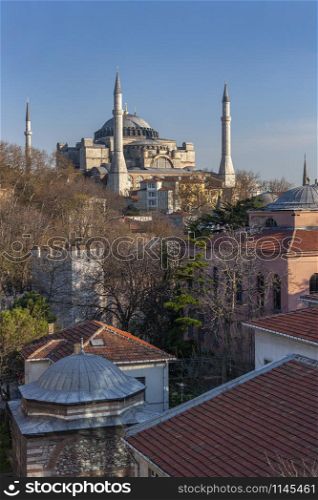 The Hagia Sophia in Istanbul, Turkey. A former Greek Orthodox Christian cathedral, later an Ottoman imperial mosque and now a museum. Built around AD 537.