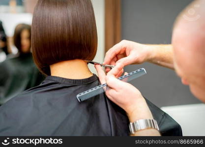 The hairdresser cuts the hair of a brunette woman. Hairstylist is cutting the hair of female client in a professional hair salon, close up. The hairdresser cuts the hair of a brunette woman. Hairstylist is cutting the hair of female client in a professional hair salon, close up.