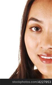 The half face of a young pretty Asian woman with long brunette hairfor white background.