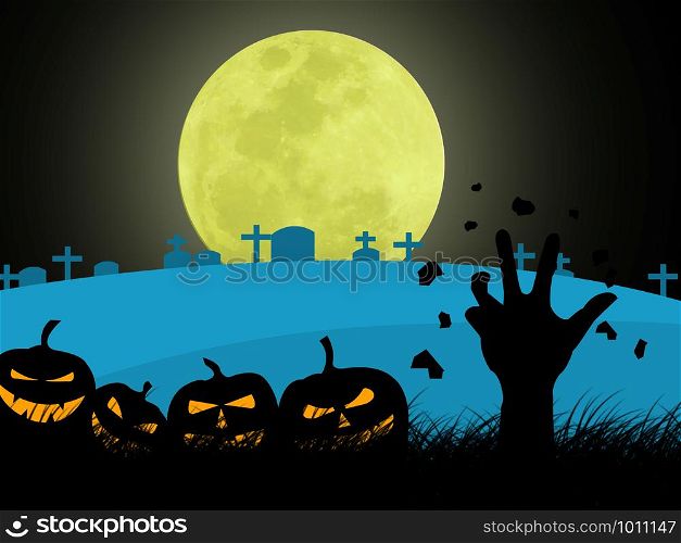 The Halloween day. Many pumpkin heads and zombie hands fall from the ground in a cemetery under the moonlight on Halloween night