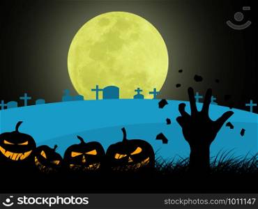 The Halloween day. Many pumpkin heads and zombie hands fall from the ground in a cemetery under the moonlight on Halloween night