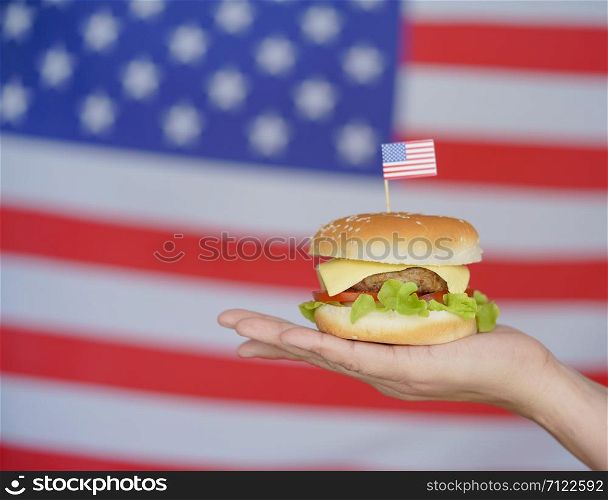 The hamburger piece is placed on the palm of the hand, with a backdrop of the US flag.