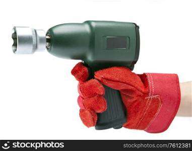 the hand holds air impact wrench