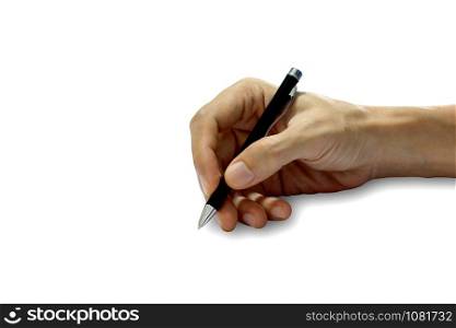 The hand is writing with a pen on a white background.