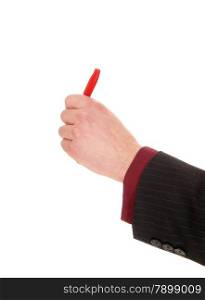 The hand of a man in a suit holding a red marker, isolated for whitebackground.
