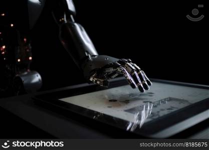 The hand of an ai robot working on a tablet created with generative AI technology