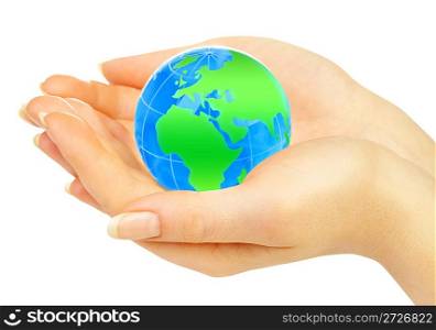 The hand of the person holds globe on a white background