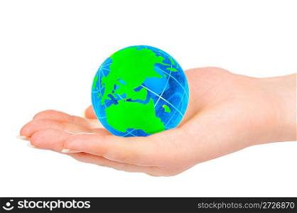 The hand of the person holds globe on a white background